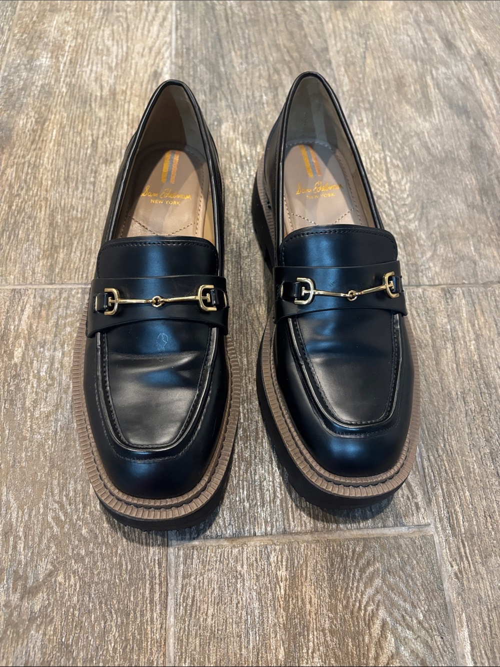 Sam Edelman Laurs Black Leather Loafers with Gold Horsebit Women’s 7.5